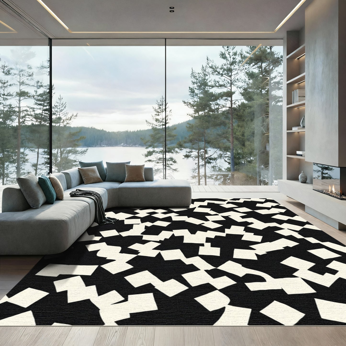 Black Cream Scattered Squares Rug