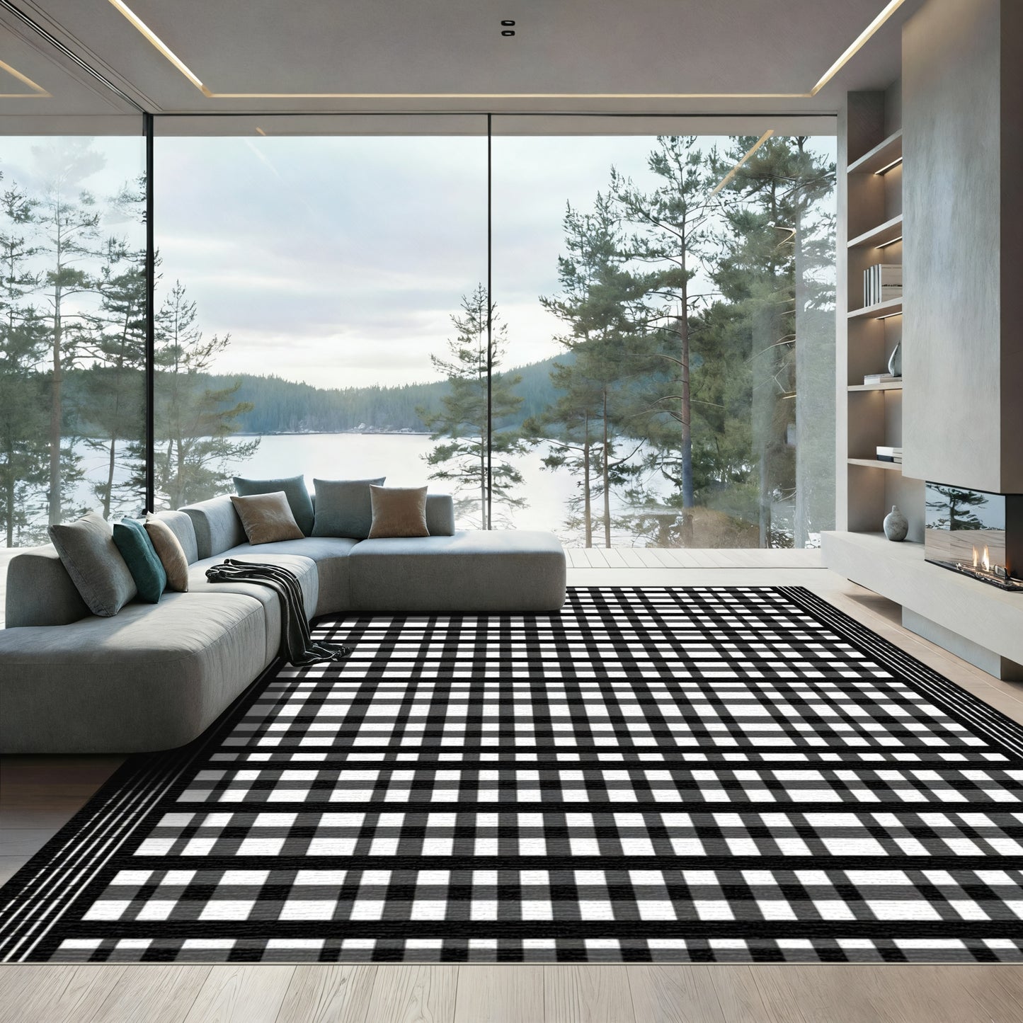 Black White Plaid Grid Rug