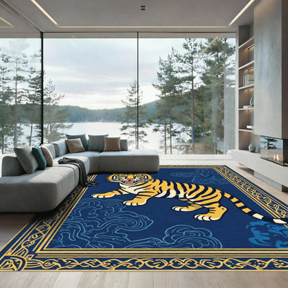 Golden Tiger With Blue Clouds Border Rug