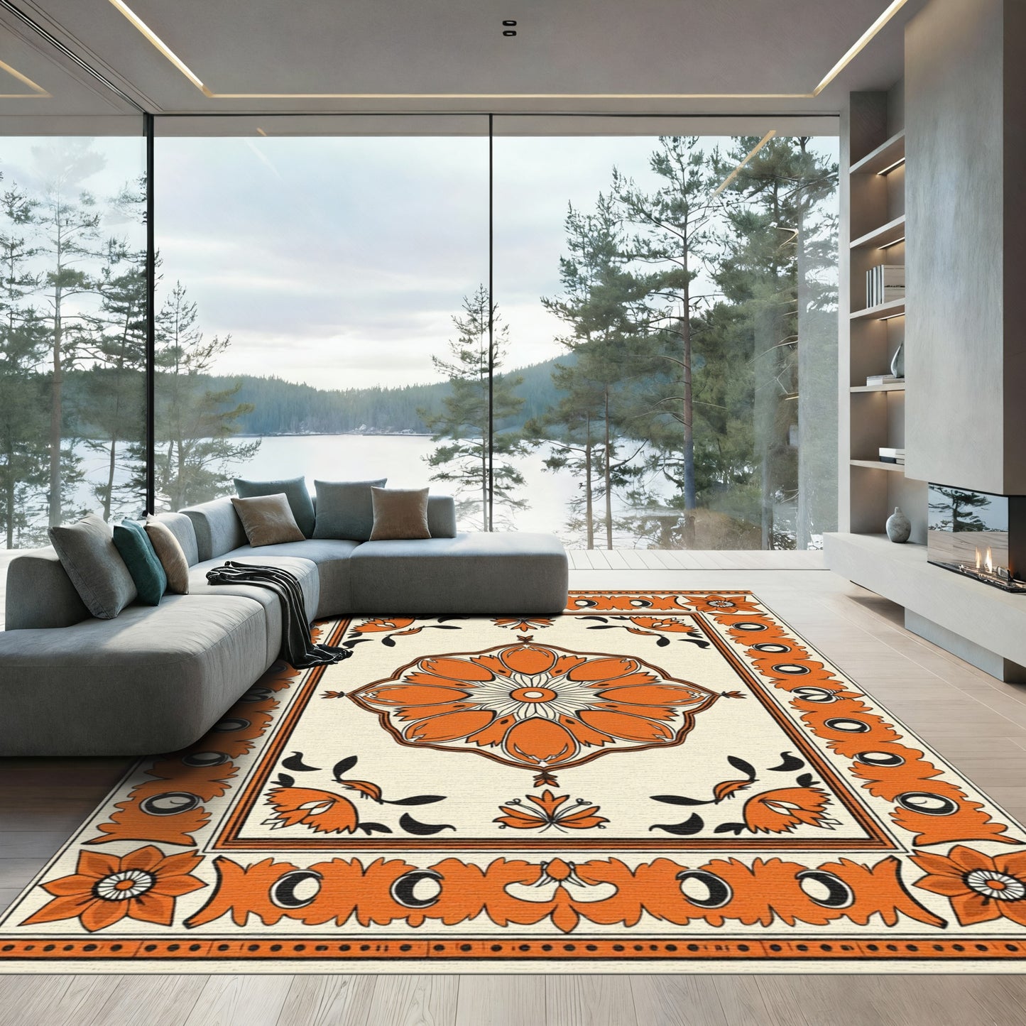 Orange Floral Medallion Border Rug