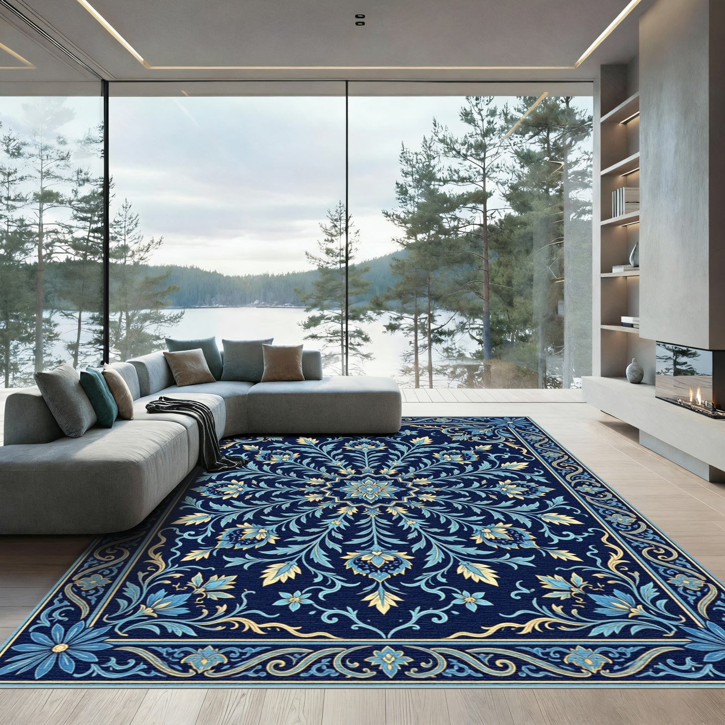 Navy Blue Floral Medallion Scrollwork Rug