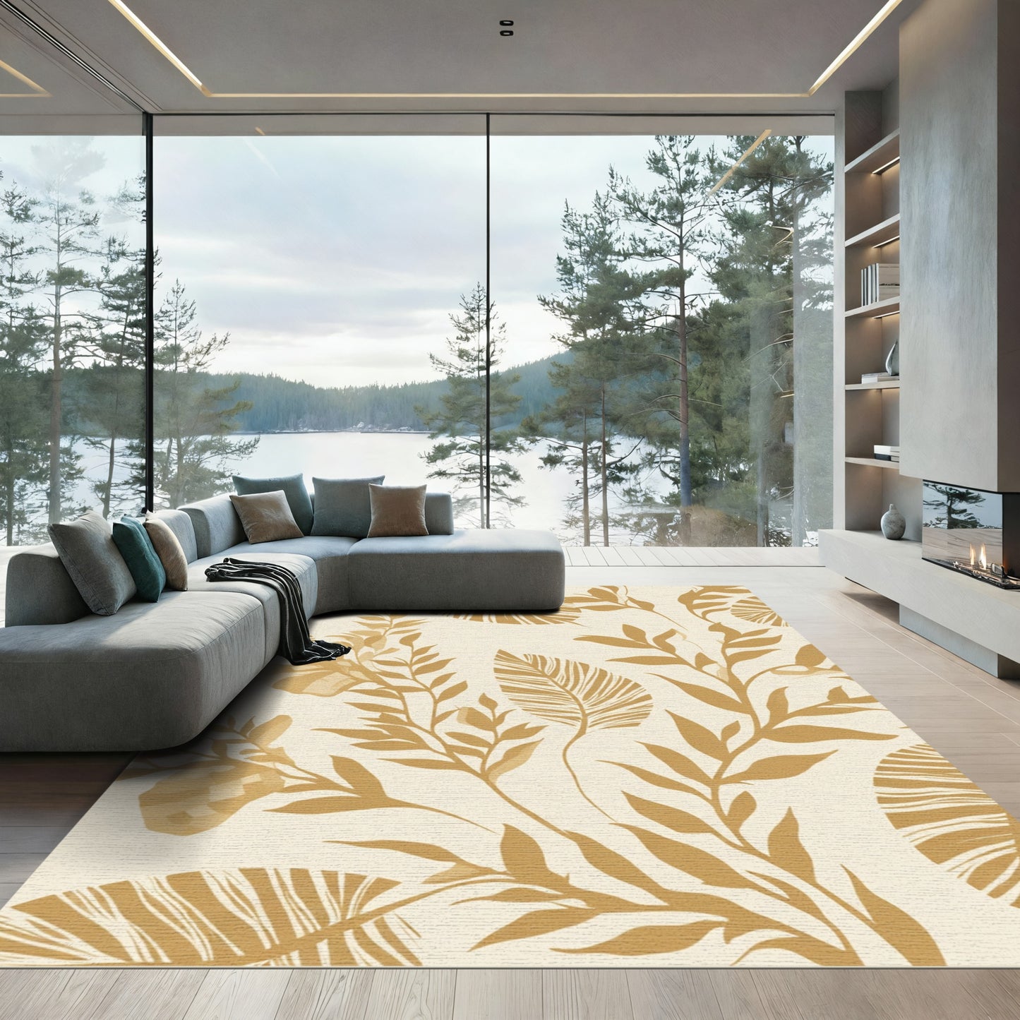 Golden Tropical Leaf Botanical Weave Rug