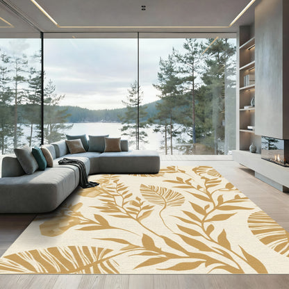 Golden Tropical Leaf Botanical Weave Rug