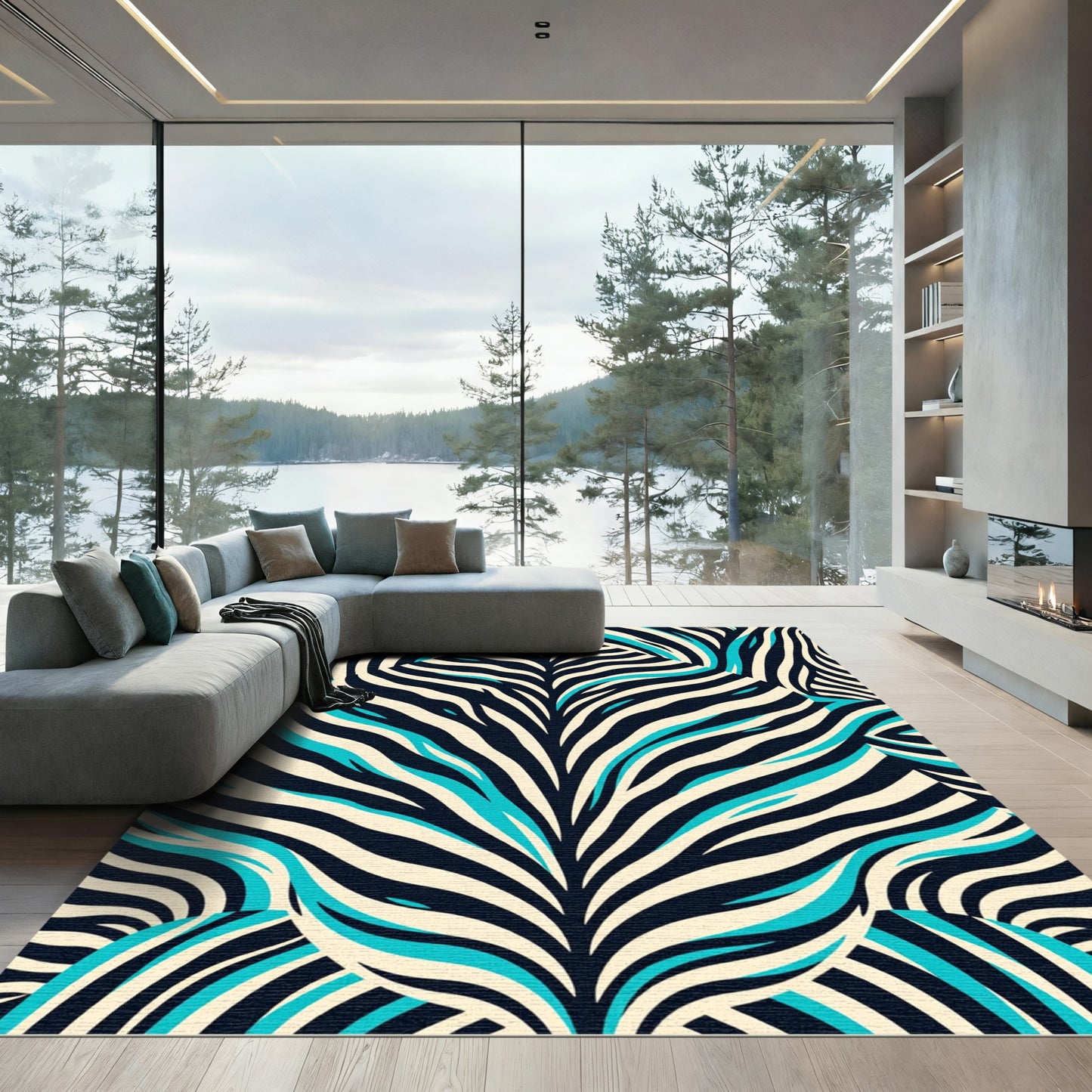 Bold Black Cyan Zebra Stripes Rug