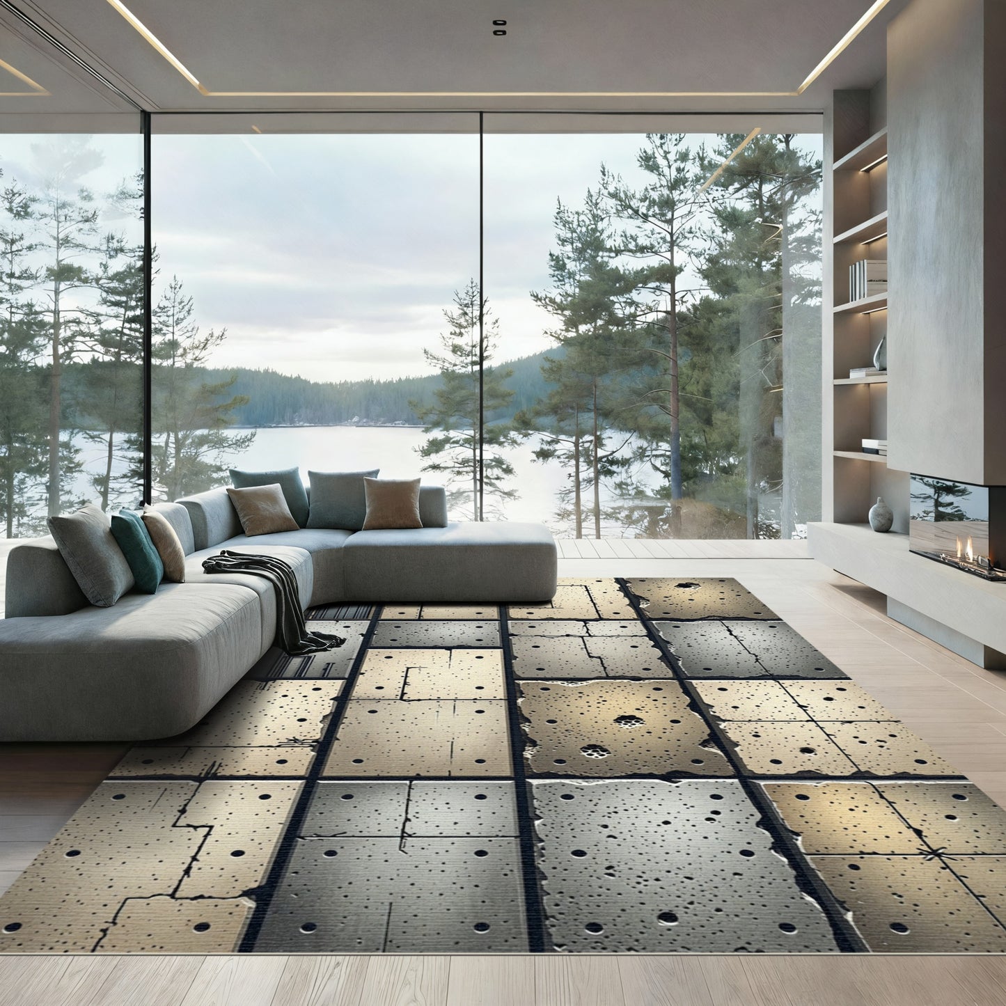Industrial Concrete Panel Textured Grid Rug