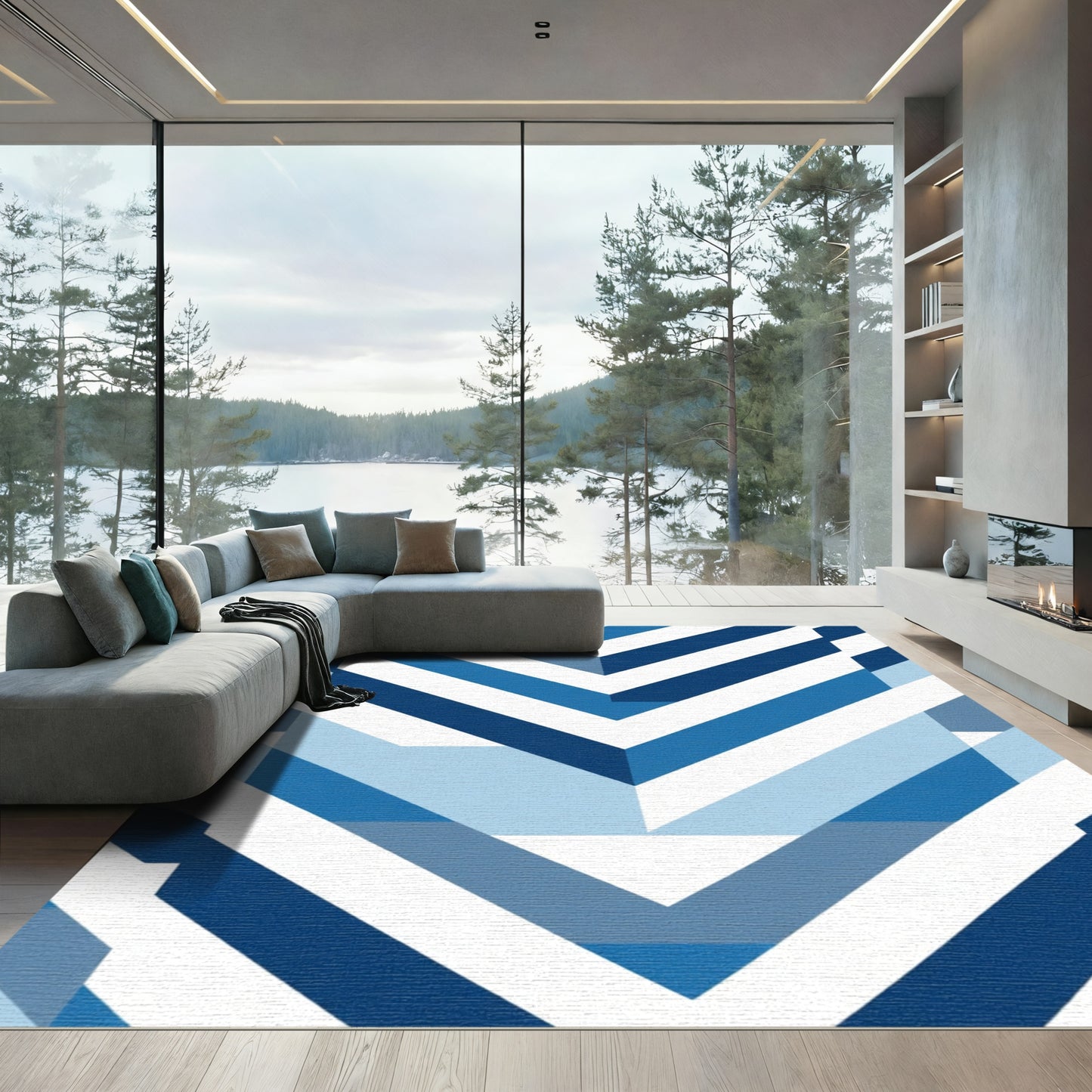 Modern Blue Geometric Chevron Stripe Rug