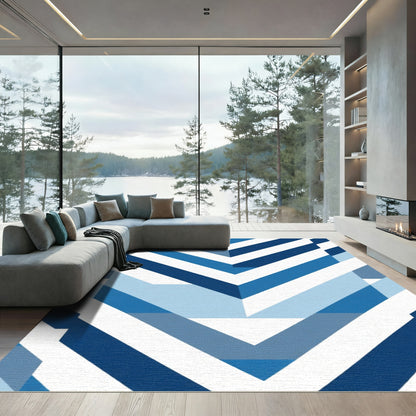 Modern Blue Geometric Chevron Stripe Rug