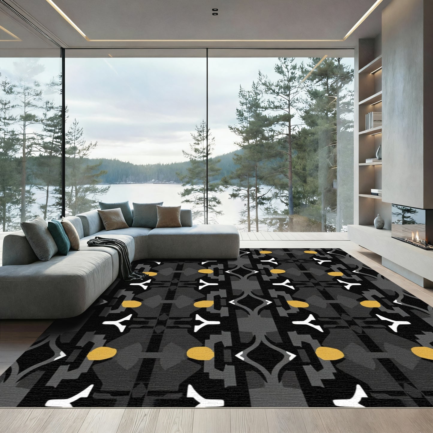 Graphic Black Yellow Tribal Medallion Rug