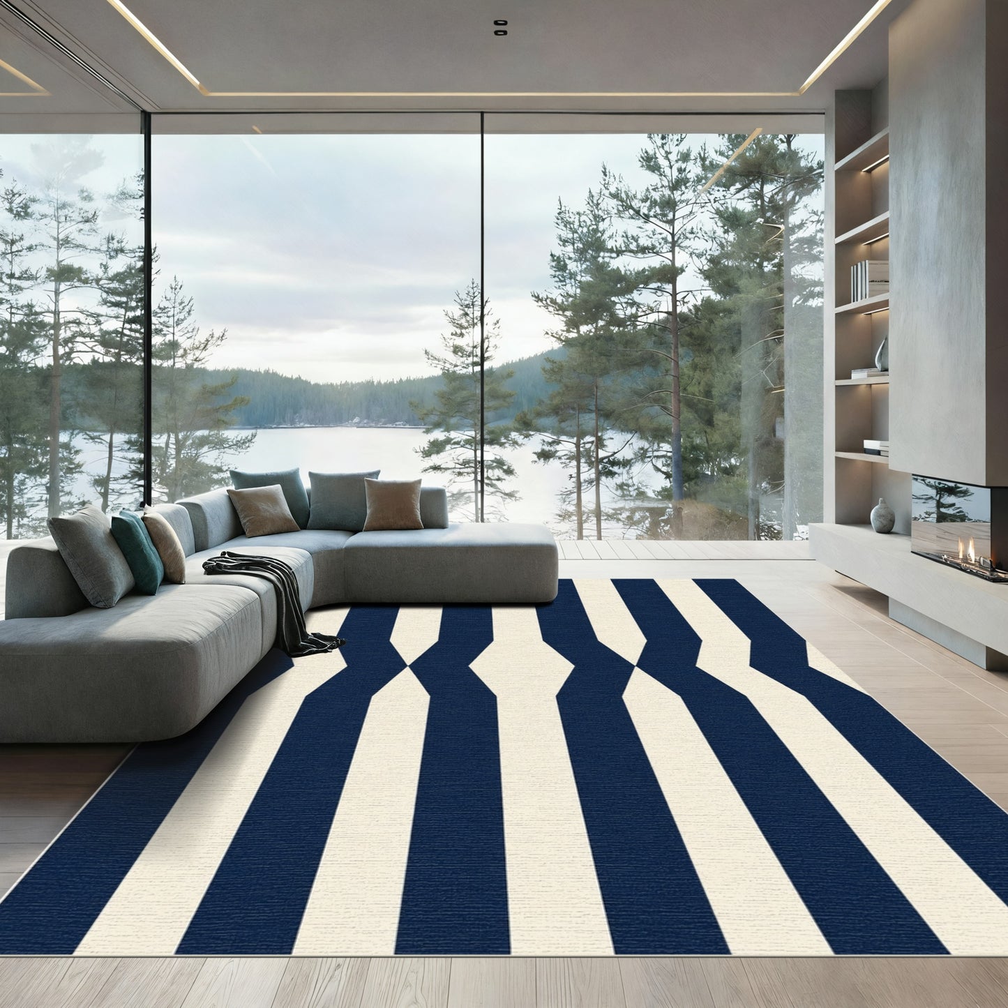 Navy Cream Geometric Arrow Stripe Rug