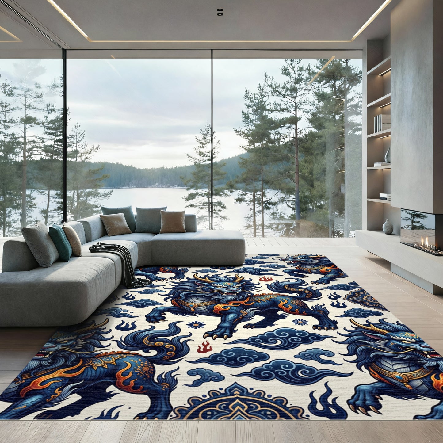 Celestial Blue Dragon Guardian Mythical Creature Rug