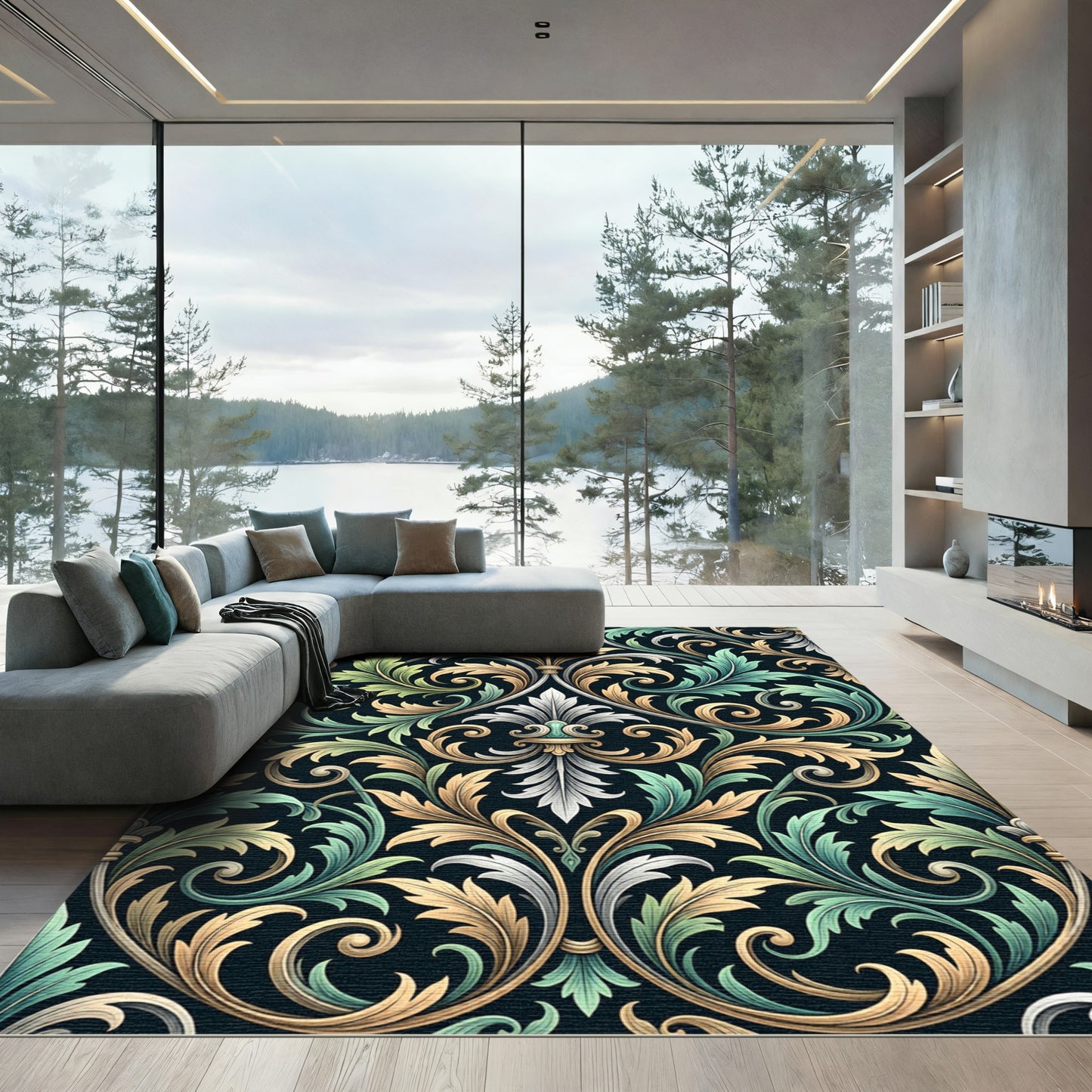 Elegant Sage Gold Acanthus Leaf Scroll Rug