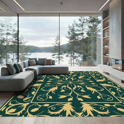 Deep Green Gold Floral Medallion Rug