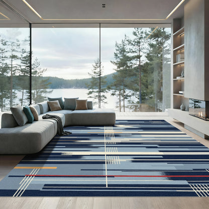 Modern Blue Horizontal Stripe Grid Rug