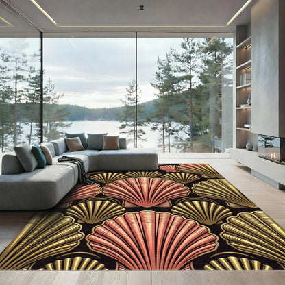 Golden and Coral Art Deco Seashells Rug