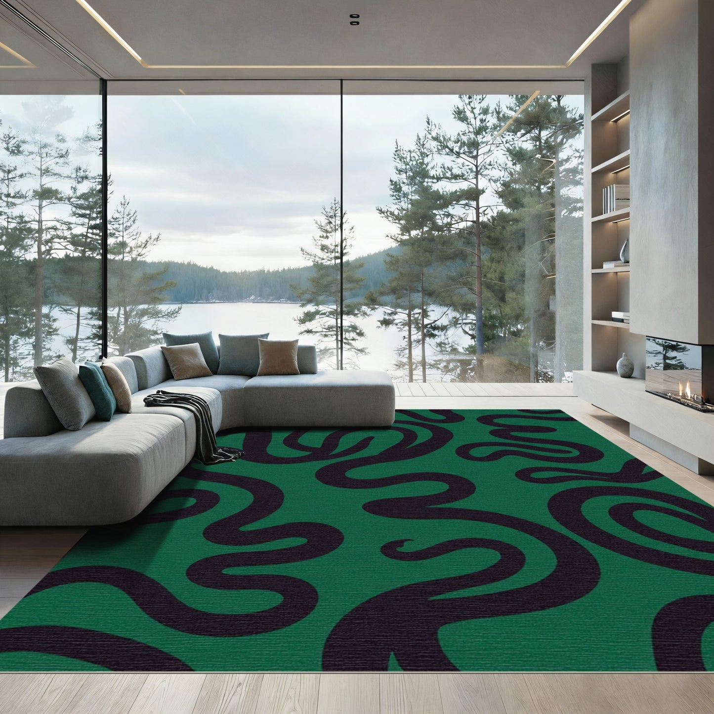 Deep Green Swirl Ribbon Composition Rug