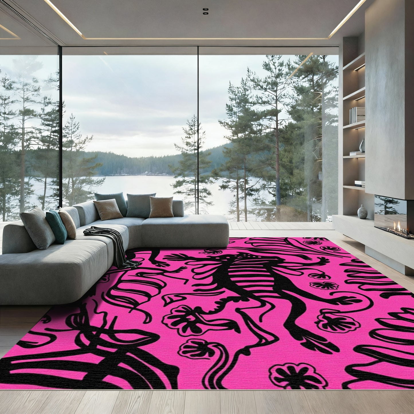 Black Creatures Pink Organic Composition Rug