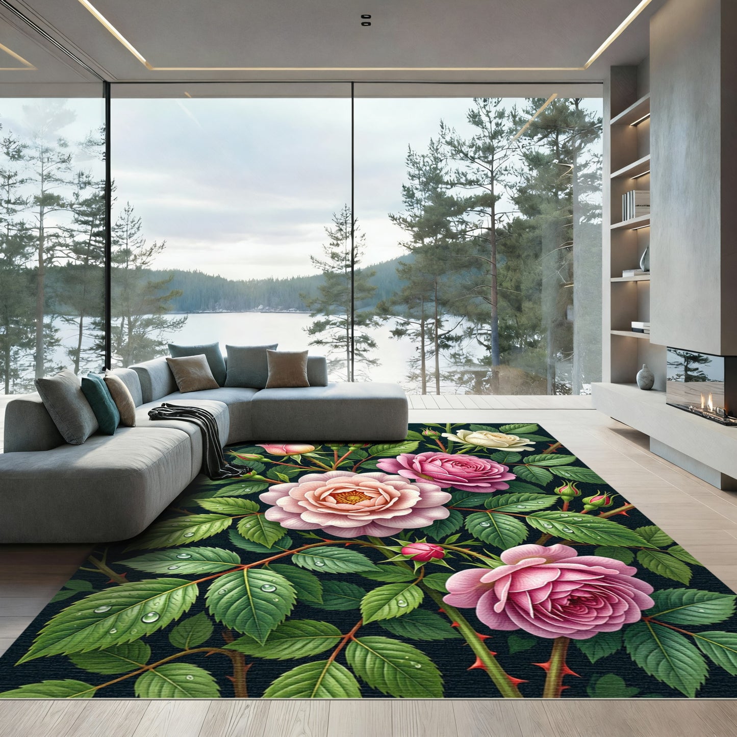 Lush Botanical Garden Pink Rose Bloom Rug
