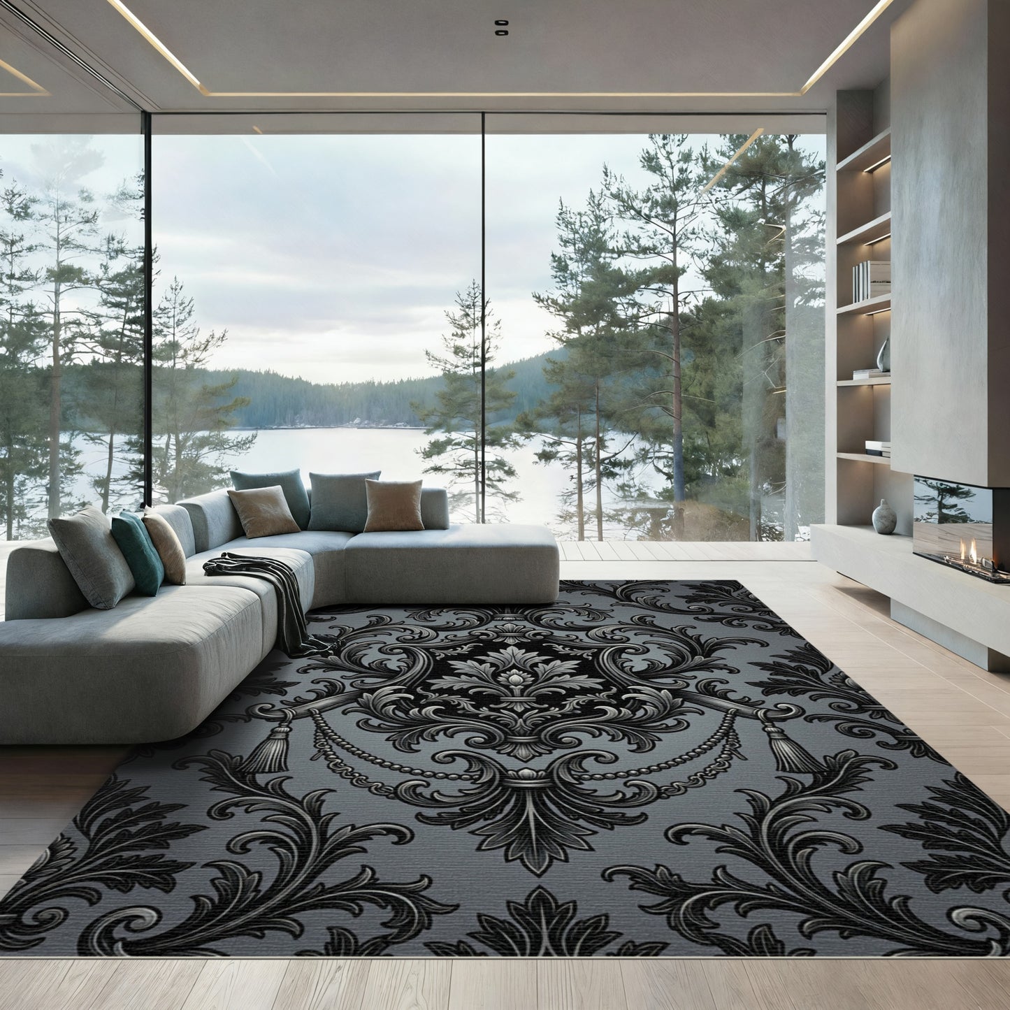 Sophisticated Charcoal Gothic Damask Medallion Rug