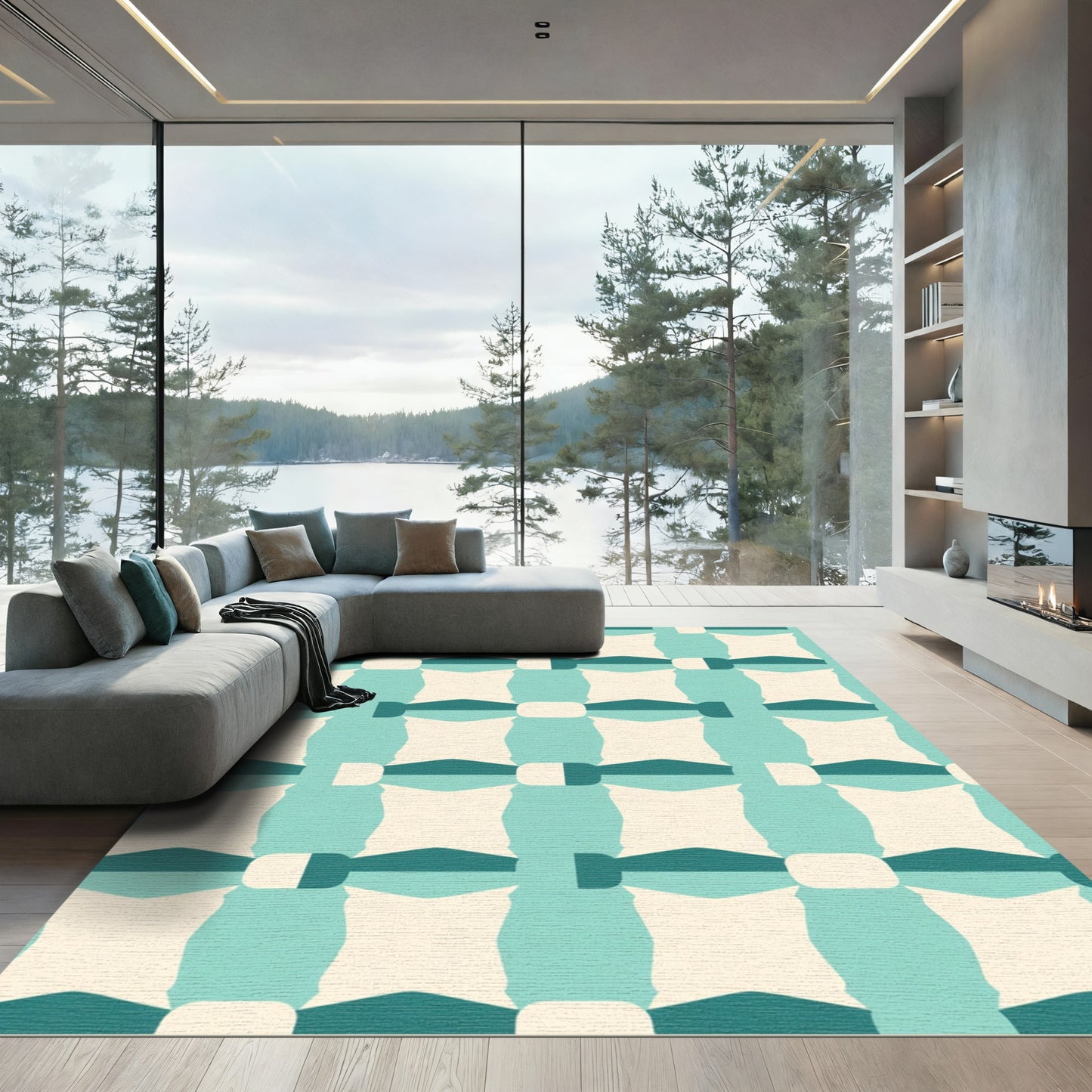 Teal Off White Geometric Grid Rug