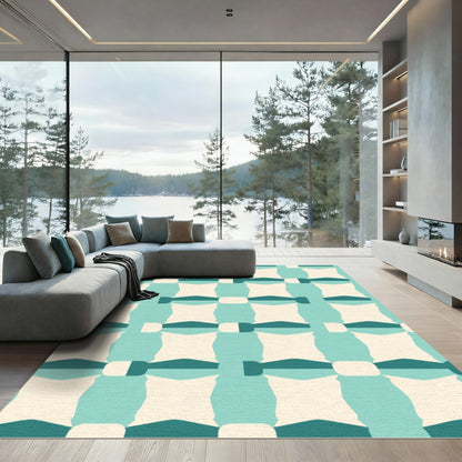 Teal Off White Geometric Grid Rug