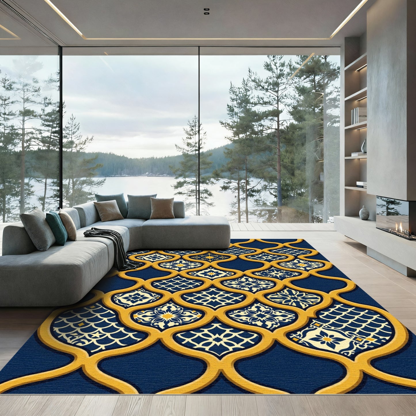 Regal Navy and Gold Lattice Scroll Rug
