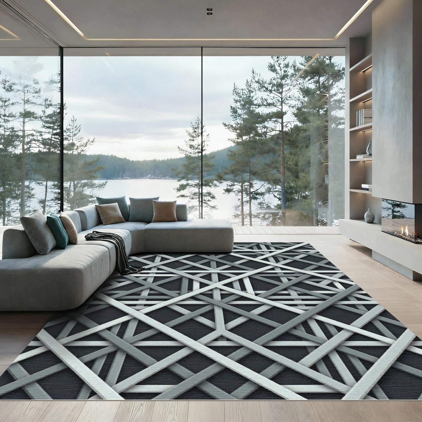 Modern Monochrome Interwoven Geometric Linear Grid Rug