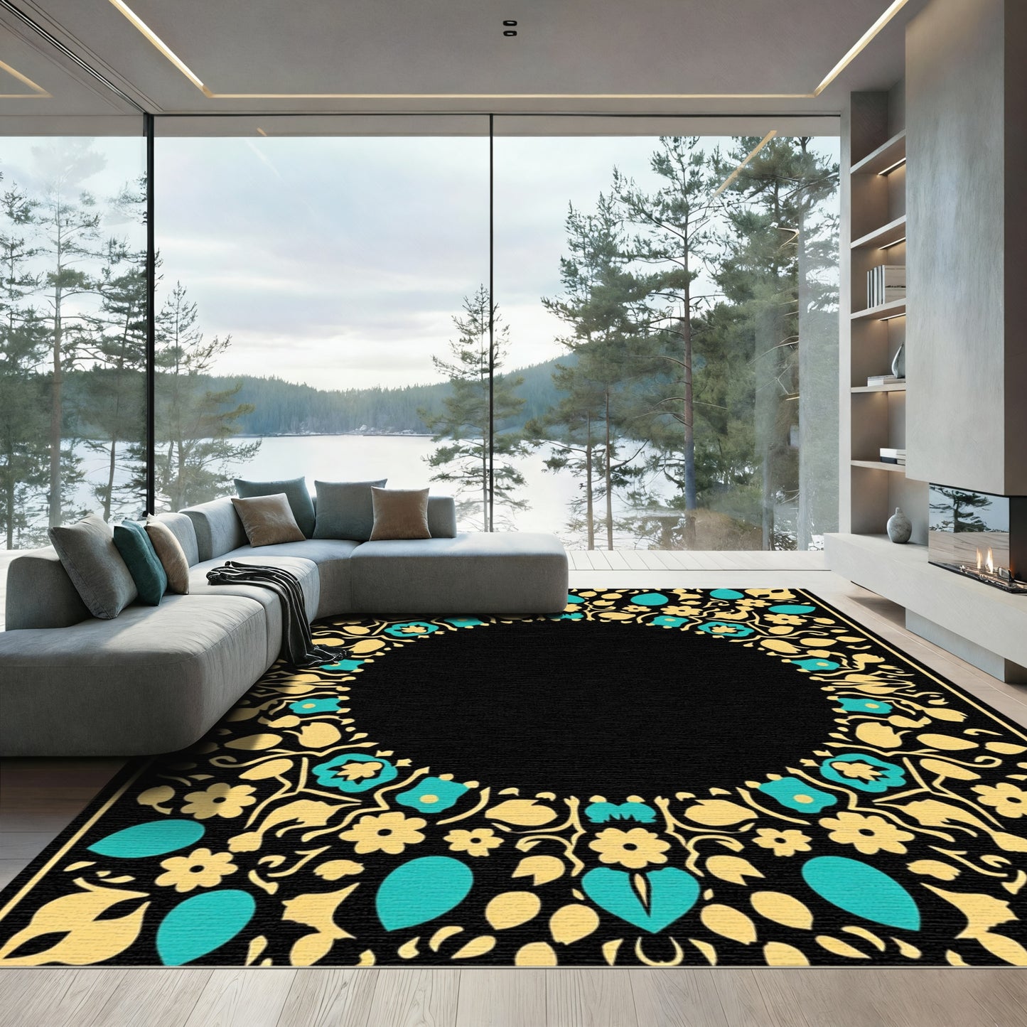 Golden Teal Floral Arabesque Border Rug