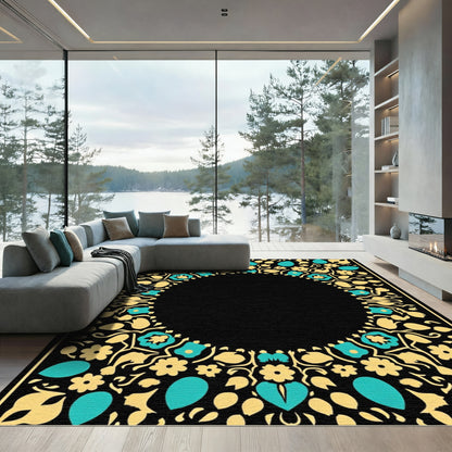 Golden Teal Floral Arabesque Border Rug