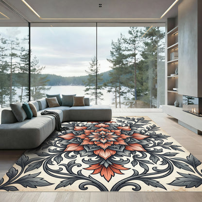Elegant Coral and Charcoal Floral Medallion Rug