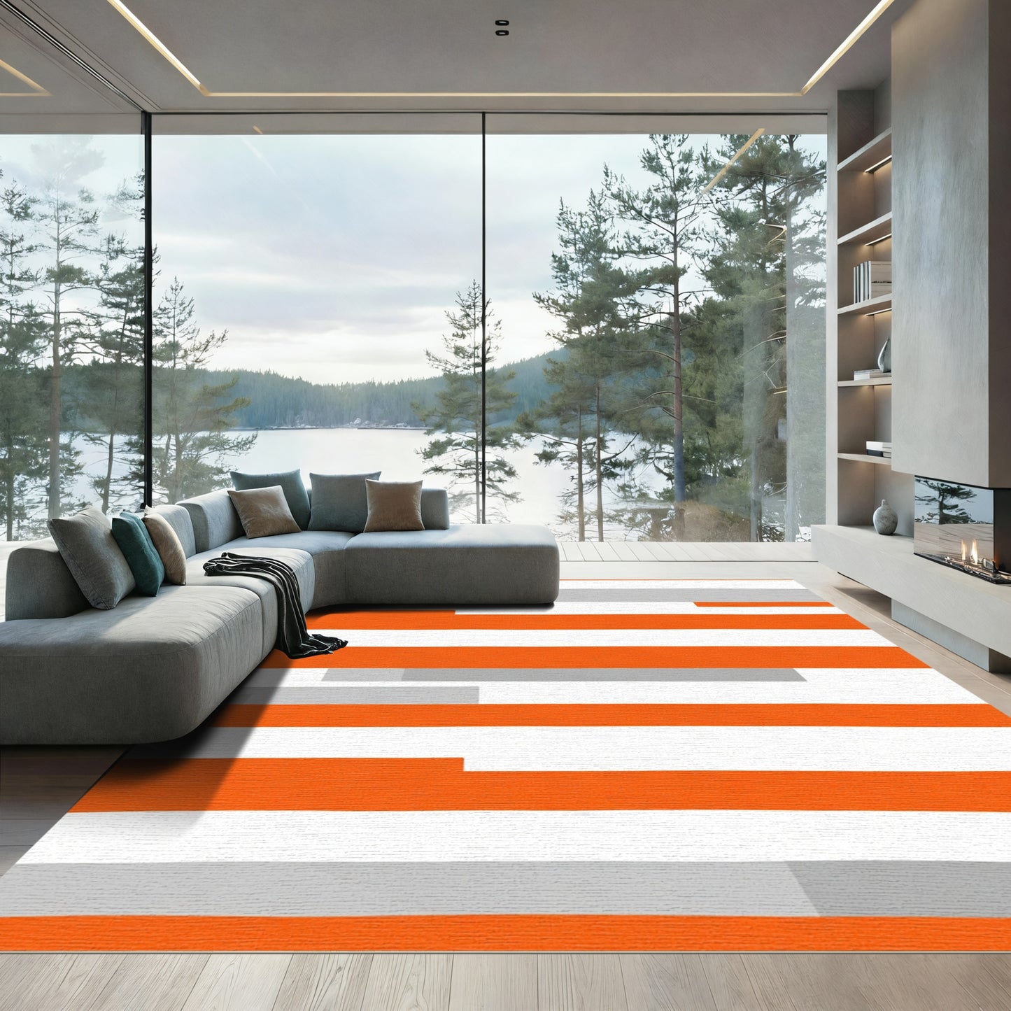 Bold Orange Gray Horizontal Stripe Rug