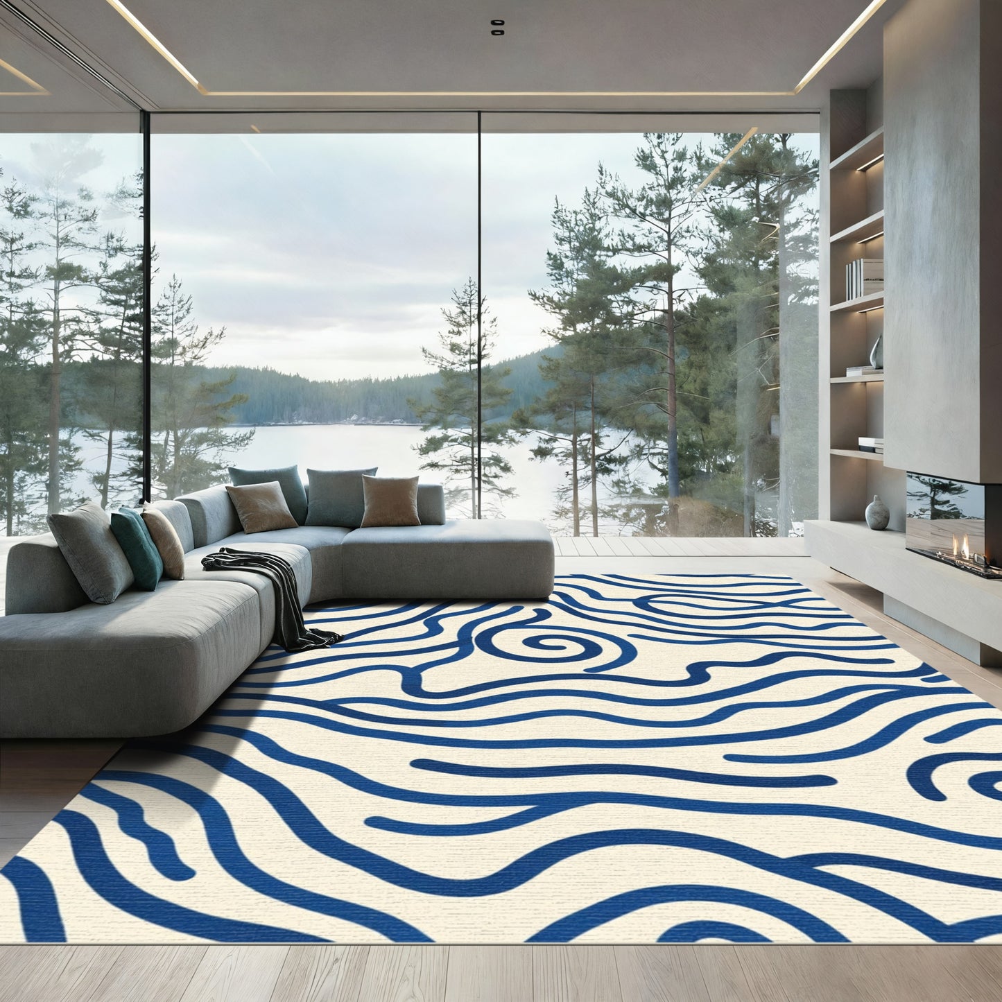 Deep Blue Wavy Line Abstract Rug