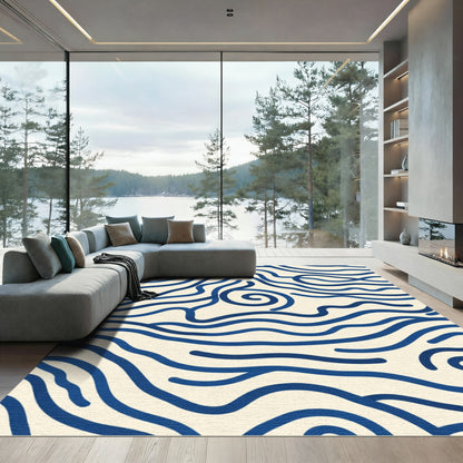 Deep Blue Wavy Line Abstract Rug
