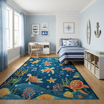 Vibrant Orange Turtles Bubbles Stars Rug
