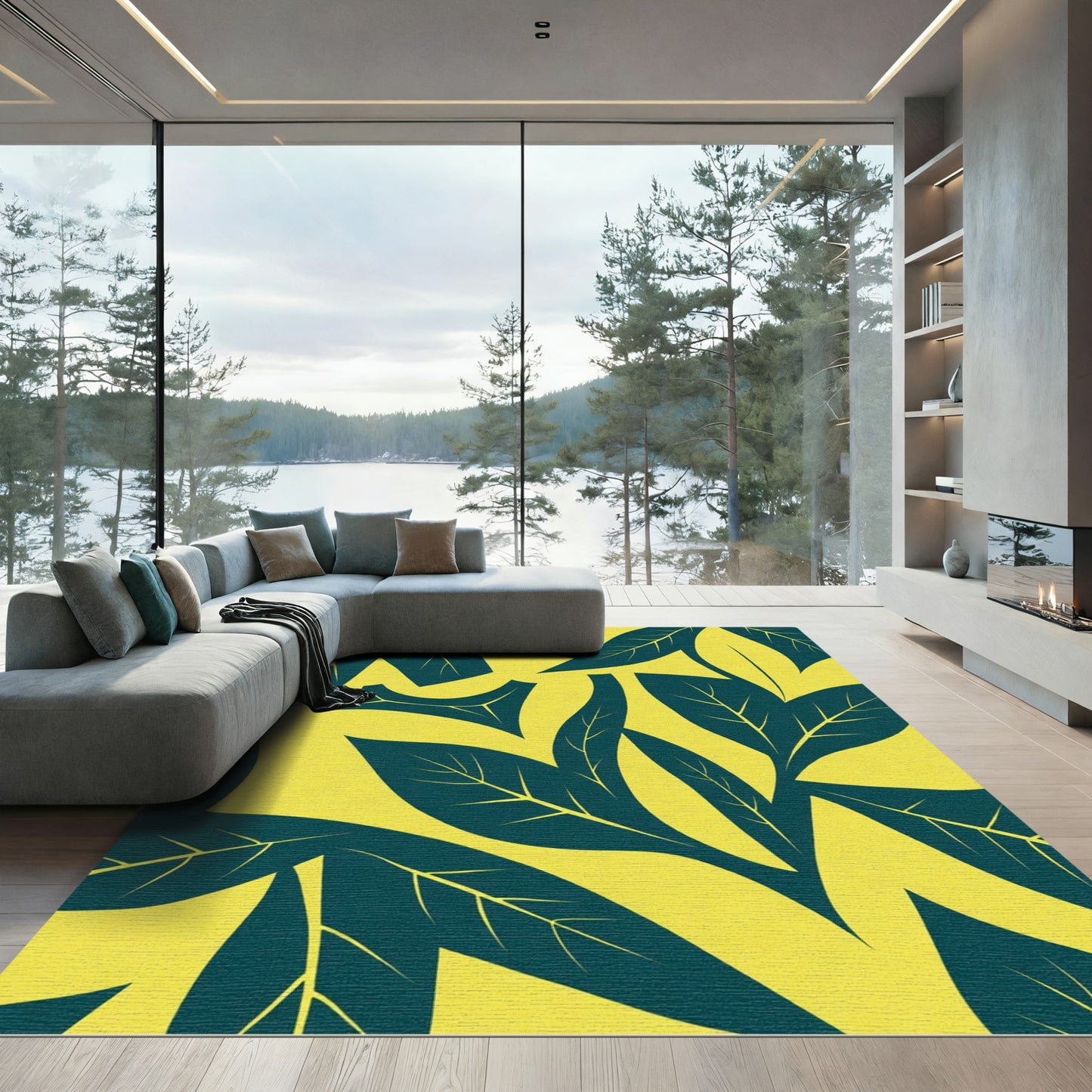 Teal Dark Leafy Organic Yellow Rug