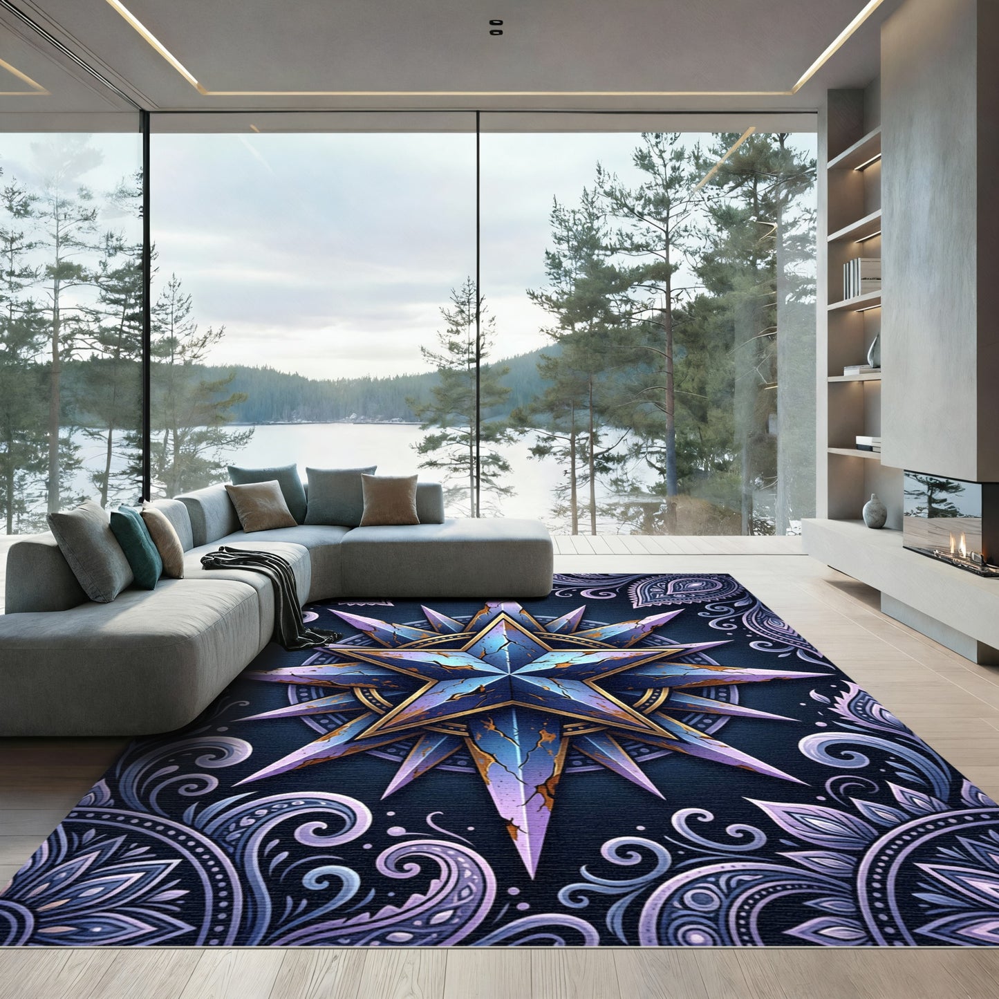 Ornate Blue Fiery Star Mandala Rug