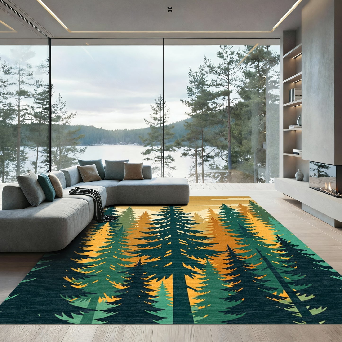 Golden Forest Pine Tree Silhouette Rug