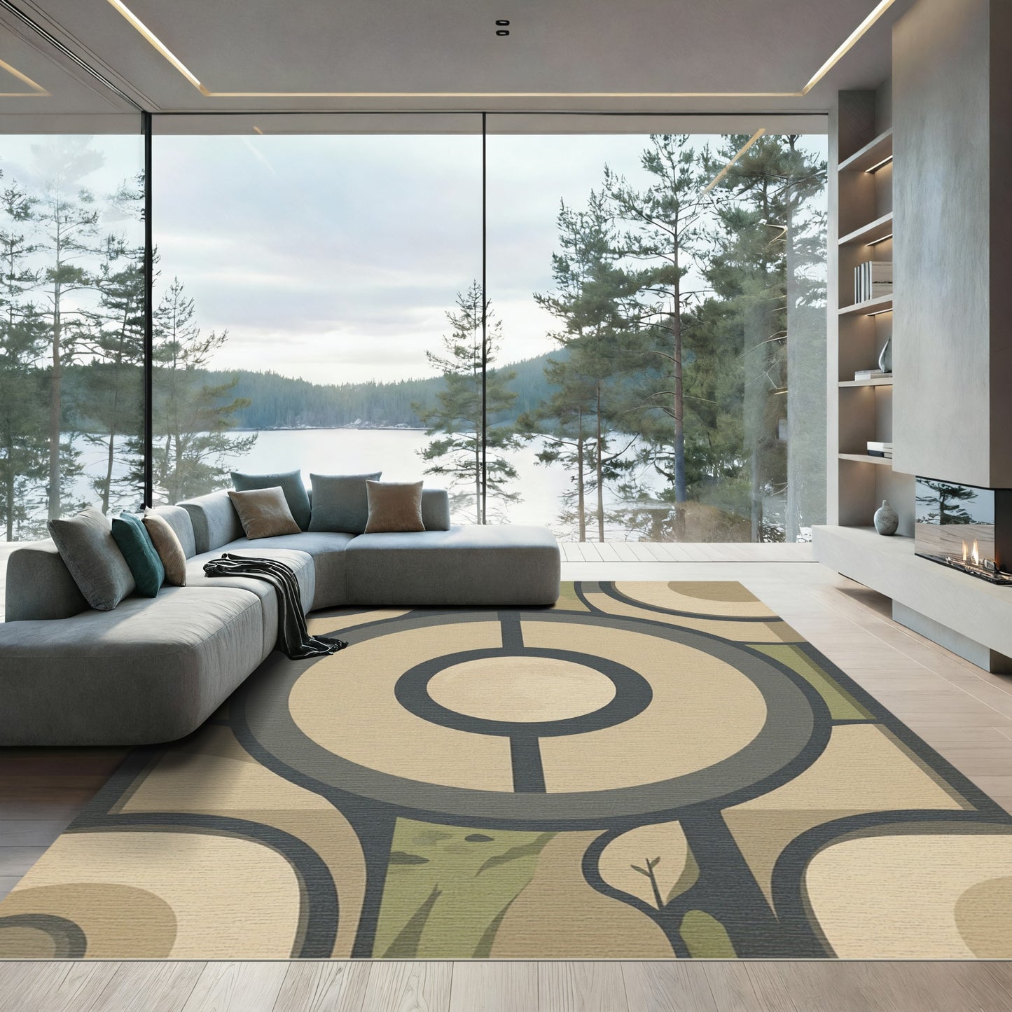 Neutral Green Circles Landscape Scene Rug