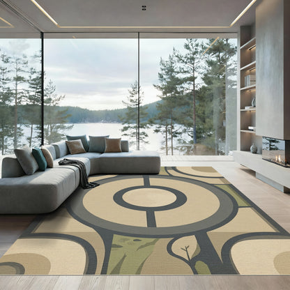 Neutral Green Circles Landscape Scene Rug