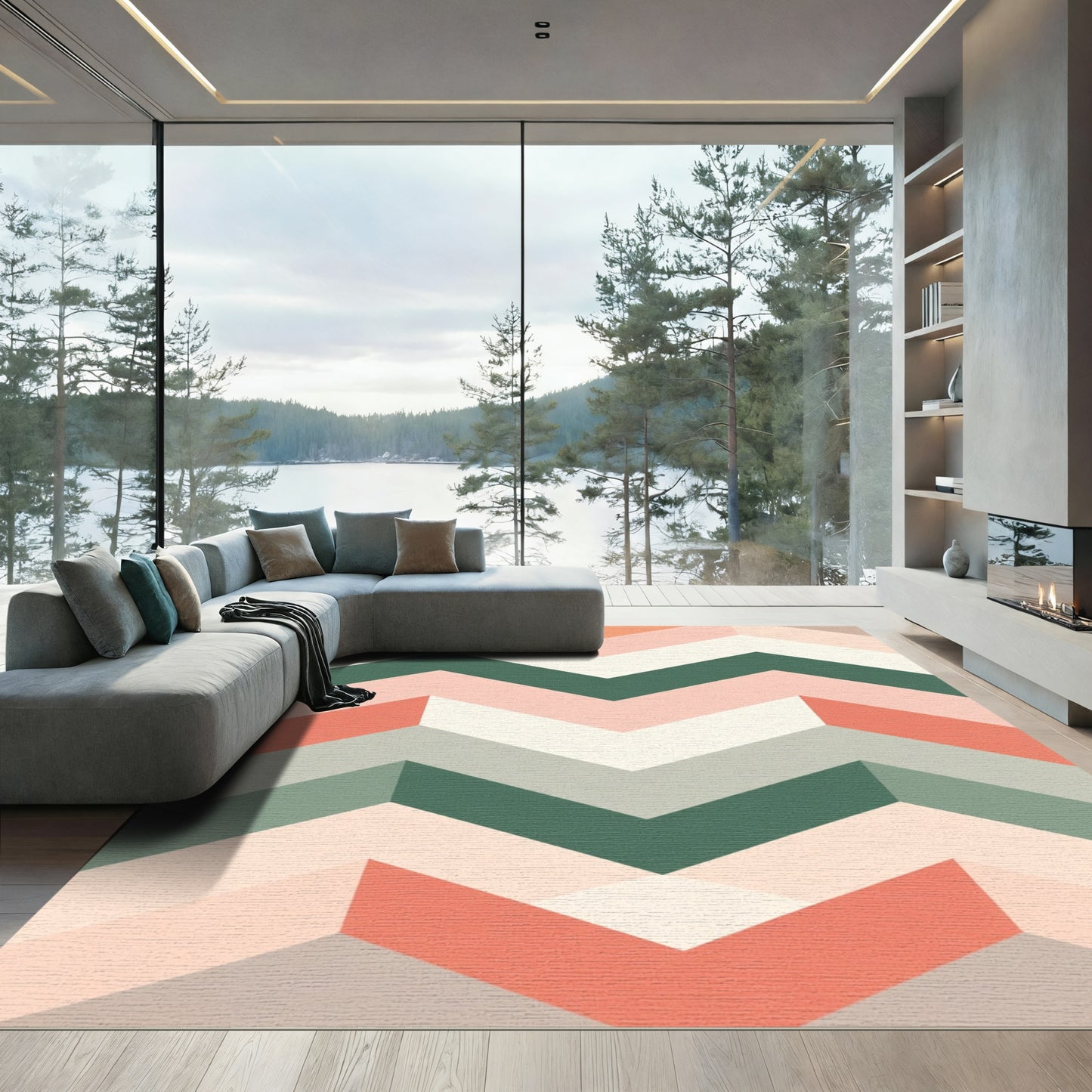 Coral Peach Green Zigzag Stripe Rug