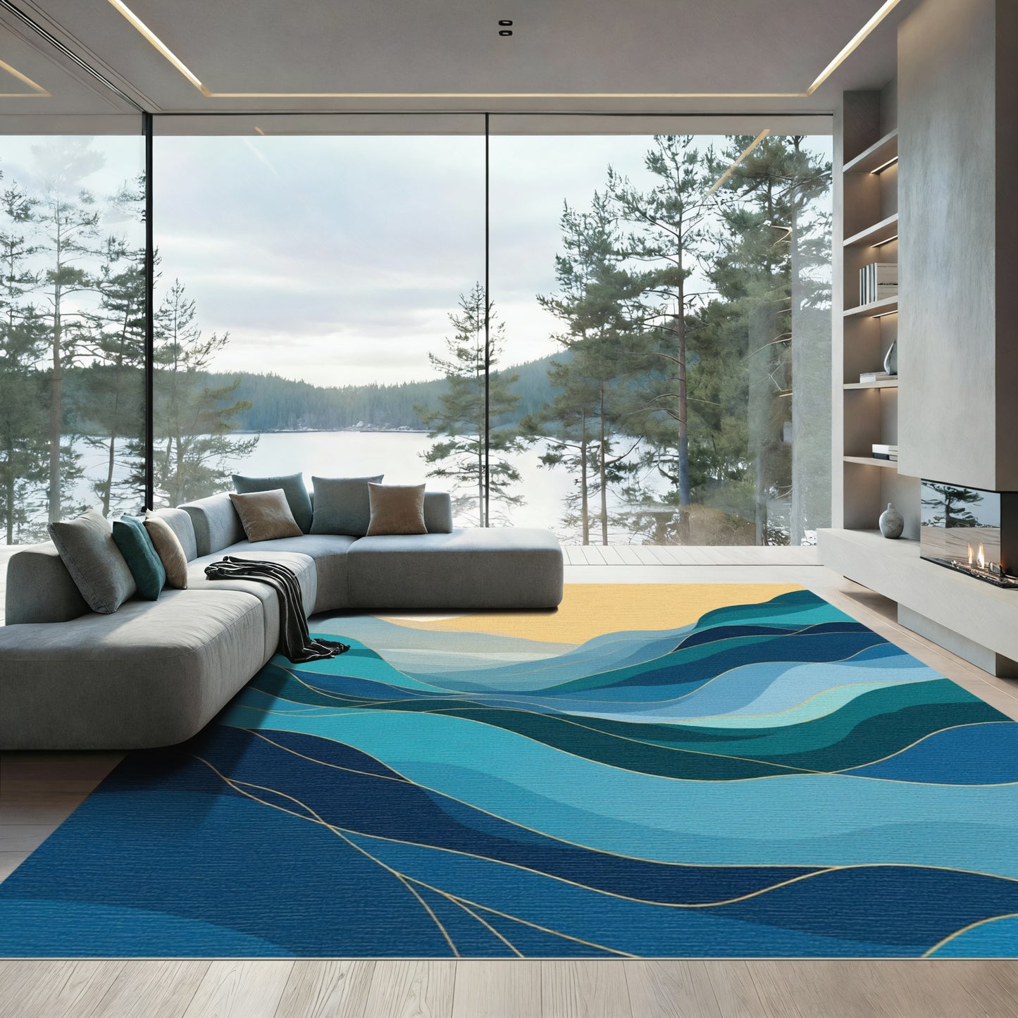 Oceanic Flowing Waves Gold Accent Rug