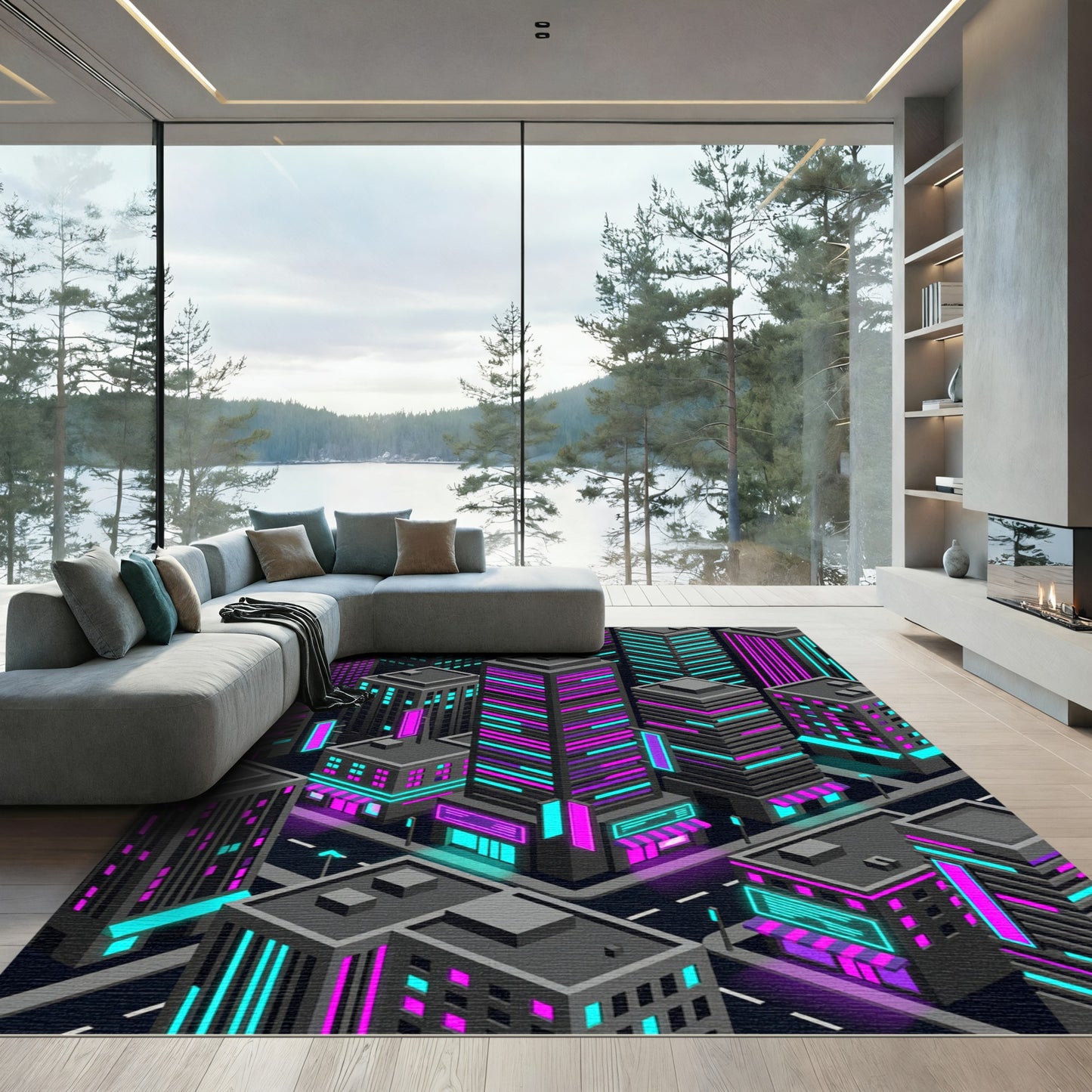 Cyberpunk Neon Isometric Skyscraper Cityscape Rug
