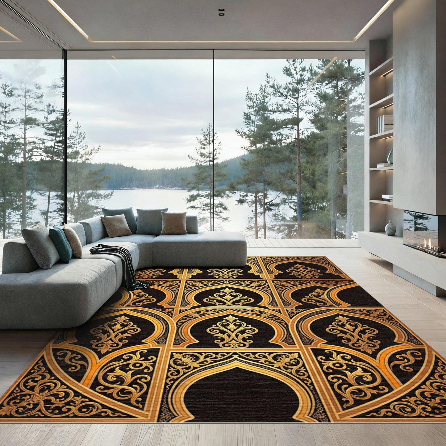 Ornate Gold Black Filigree Arch Rug