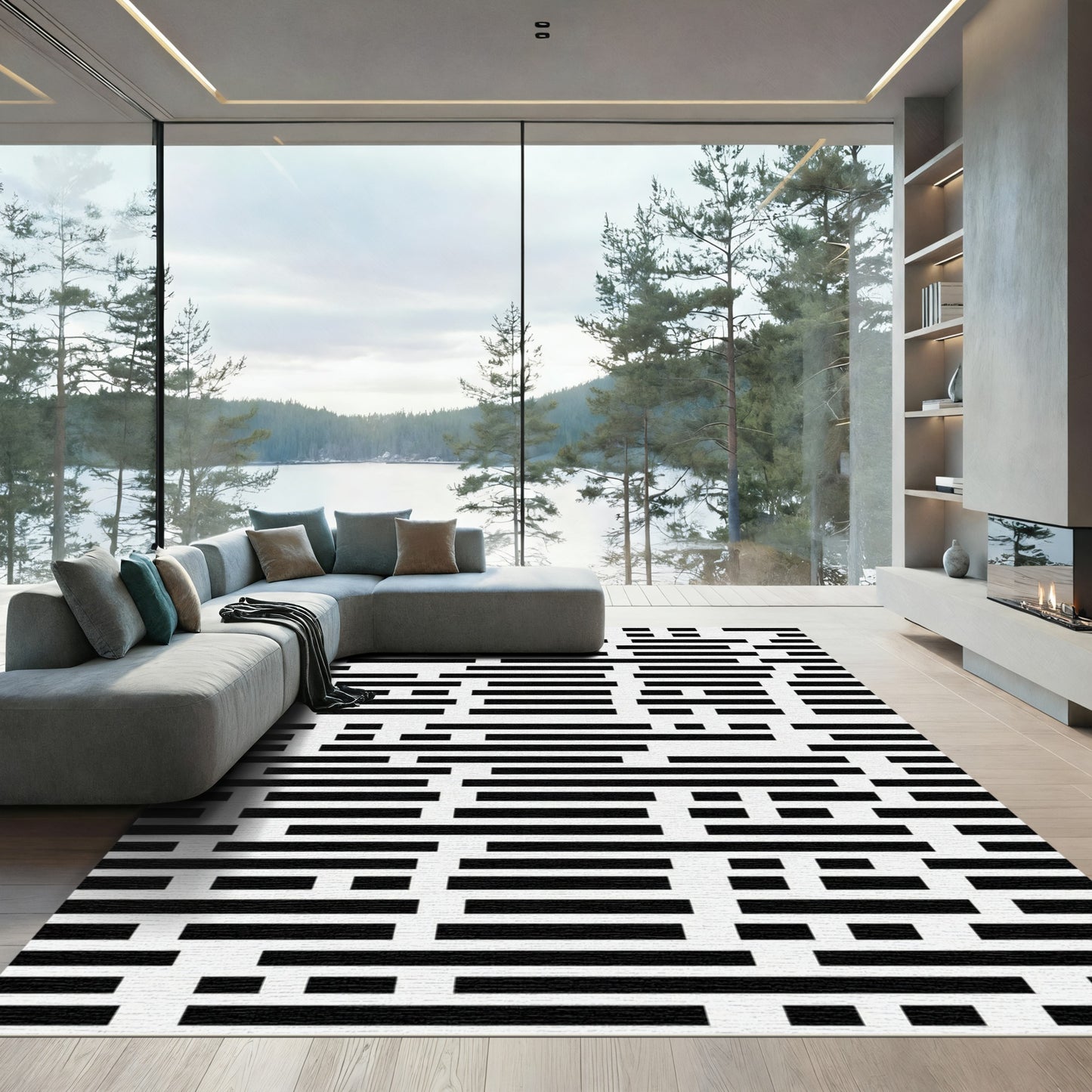 Minimalist Monochrome Abstract Linear Graphic Rug