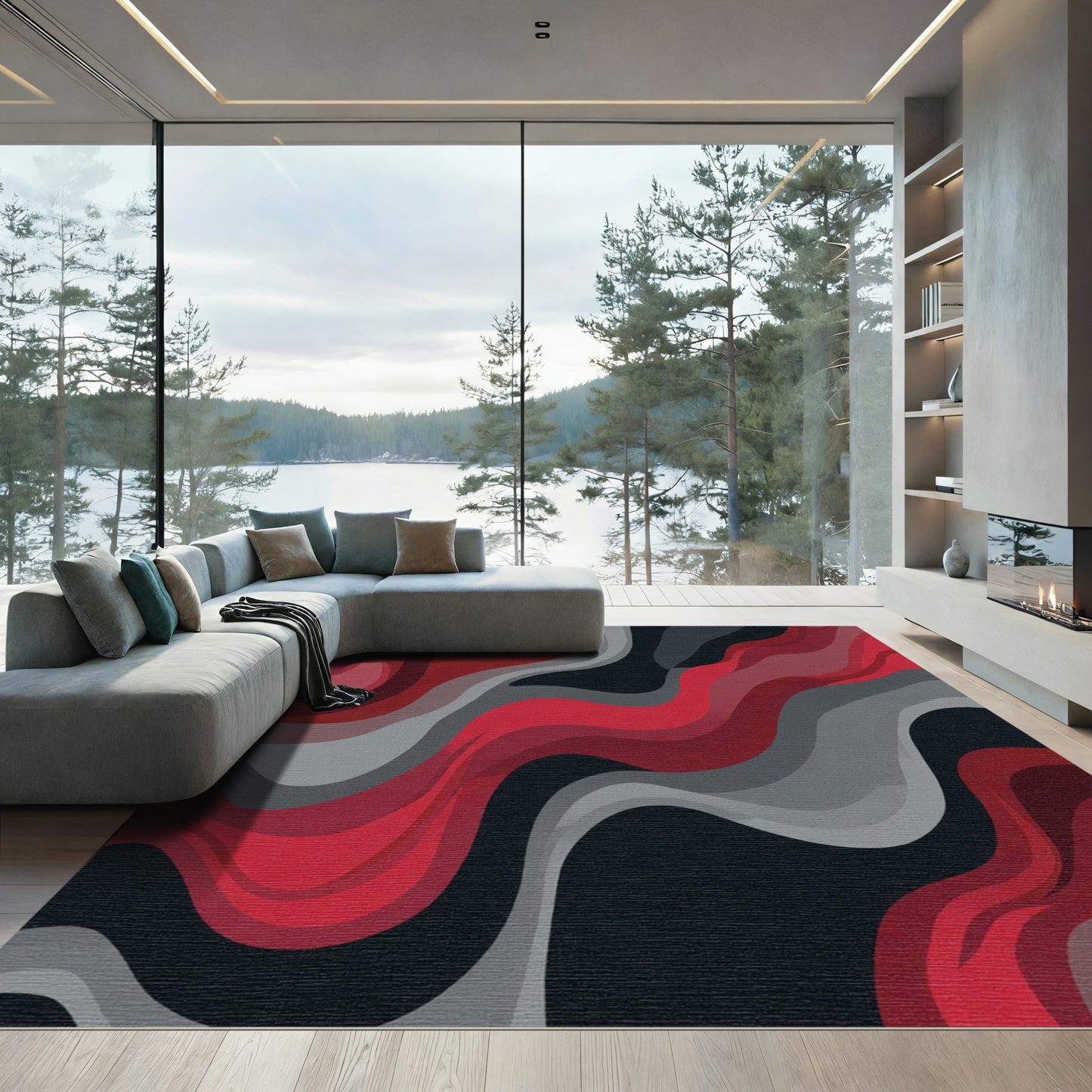 Modern Red Gray Swirl Abstract Rug
