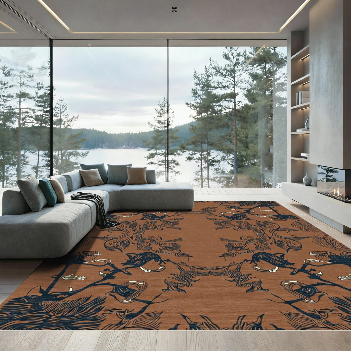 Brown Indigo Botanical Organic Frame Rug