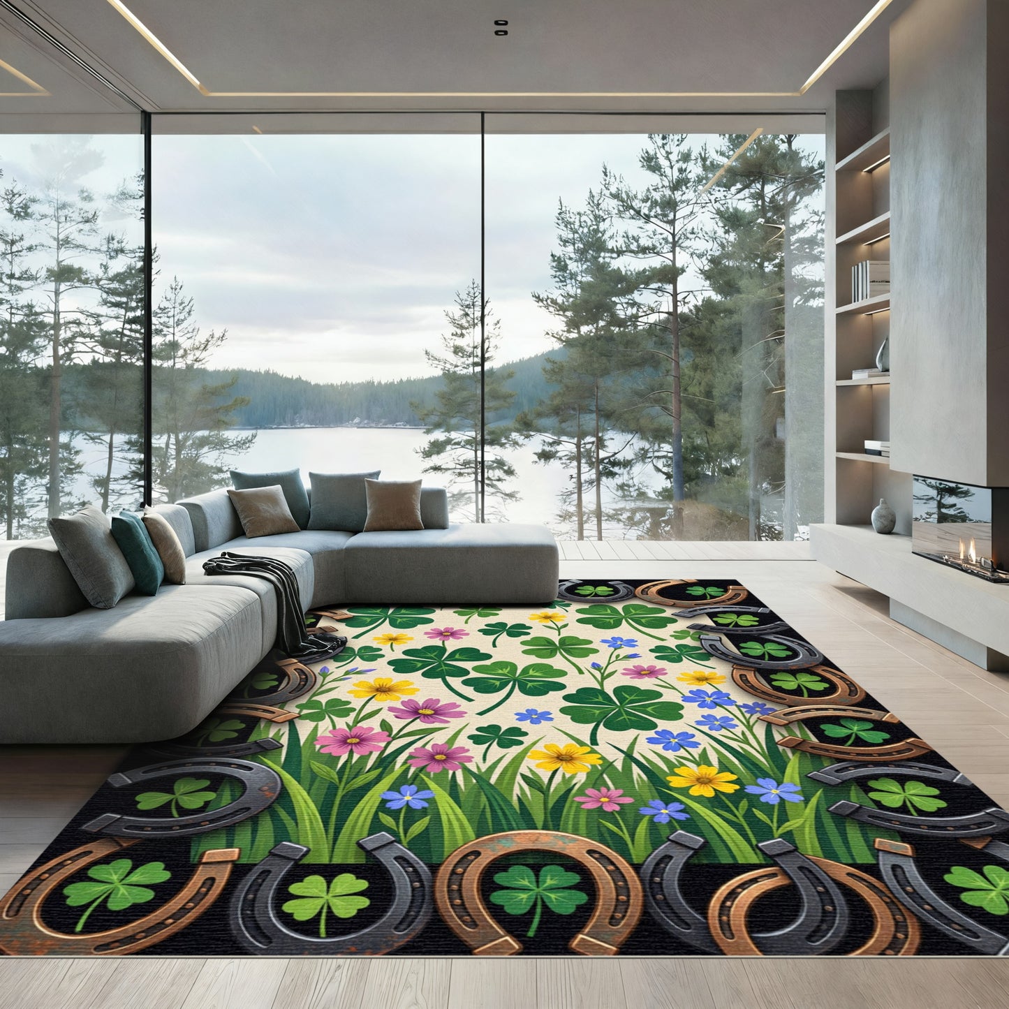 Lucky Horseshoe and Clover Meadow Illustration Rug