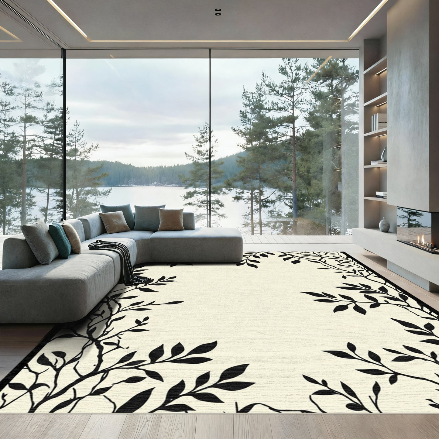 Black Silhouette Botanical Branch Vine Rug