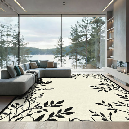 Black Silhouette Botanical Branch Vine Rug