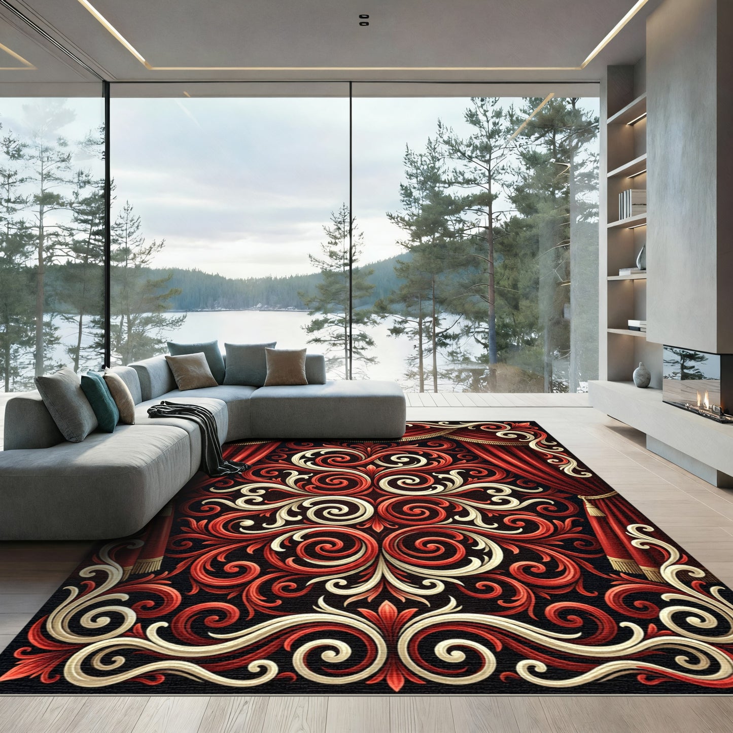 Elegant Crimson Cream Baroque Scroll Rug