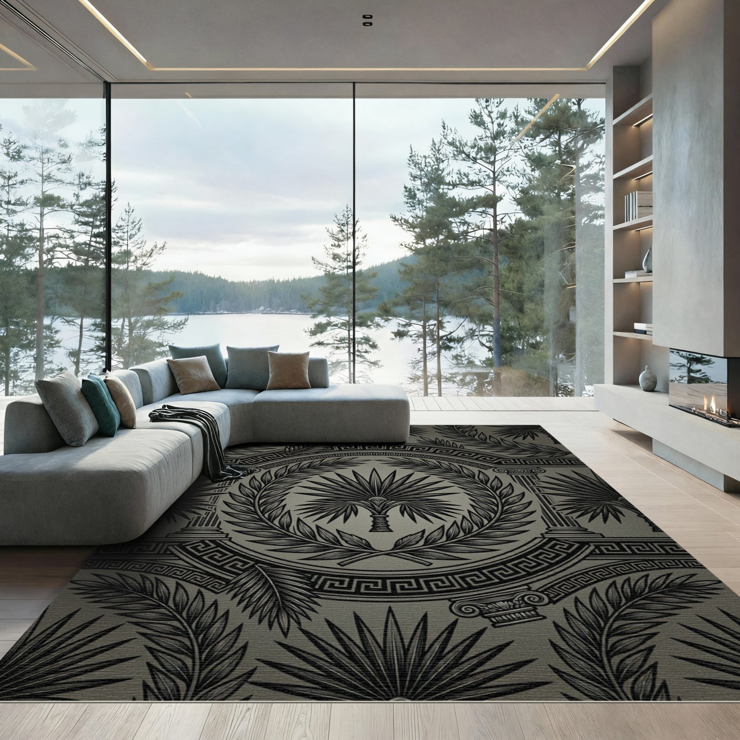 Monochromatic Greek Key Laurel Swirls Rug